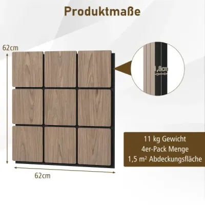 Balení 4 akustických stěnových panelů s 9 čtvercovými dřevěnými panely, zvukotěsné panely 62 x 62 cm