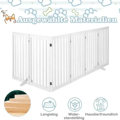 Zábrana pro psy 89 cm vysoká, 4 panely, ochranná mříž, dřevěná, skládací, bílá (6 panelů)