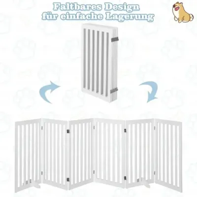 Zábrana pro psy 89 cm vysoká, 4 panely, ochranná mříž, dřevěná, skládací, bílá (6 panelů)