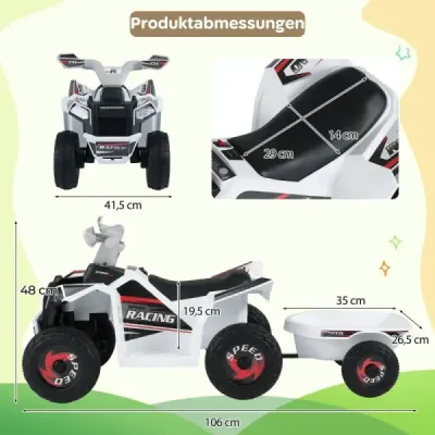 6V dětské elektrické ATV s přívěsem Elektrické vozidlo s odolnými koly Bílá