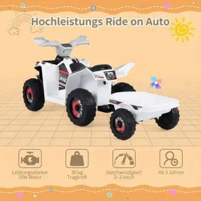 6V dětské elektrické ATV s přívěsem Elektrické vozidlo s odolnými koly Bílá