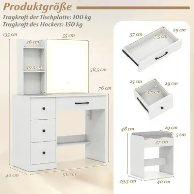 Toaletní stolek s posuvným zrcadlem LED a stoličkou a zásuvkami Kosmetický stolek bílý