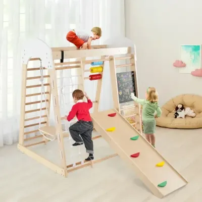 Sada lezeckých hraček pro batolata se skluzavkou a houpačkou 124 x 119 x 138 cm přírodní