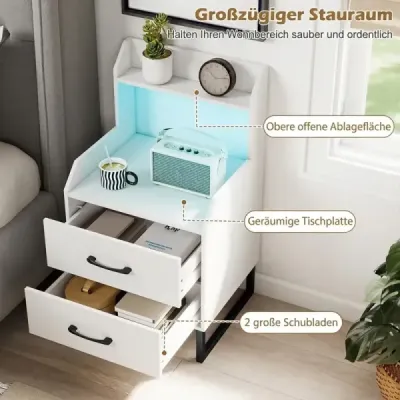 Noční stolek s integrovanou nabíjecí stanicí, LED světly a 2 zásuvkami. Moderní odkládací stolek, bílý.