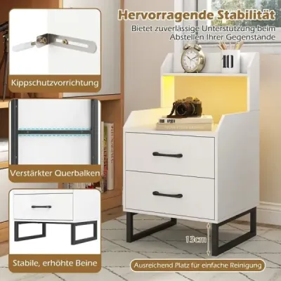 Noční stolek s integrovanou nabíjecí stanicí, LED světly a 2 zásuvkami. Moderní odkládací stolek, bílý.