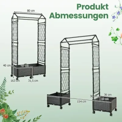 Květinový truhlík s mřížkou a visícím zastřešením Vysoký truhlík na uzamykatelných kolečkách Šedý 154 x 40 x 162 cm