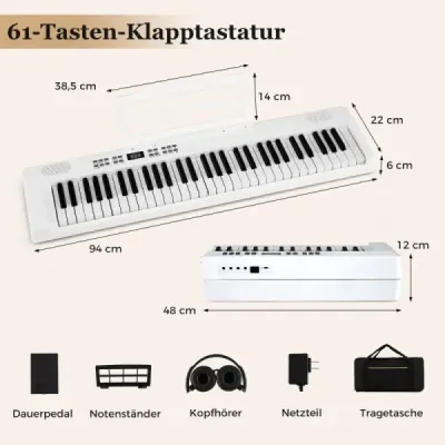 Skládací klavírní klávesnice s 61 klávesami, plnohodnotná elektronická klávesnice s MIDI a funkcí split, bílá
