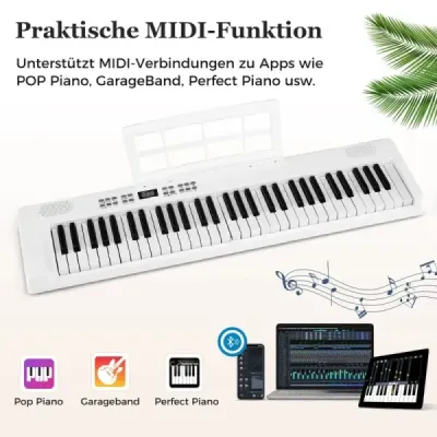 Skládací klavírní klávesnice s 61 klávesami, plnohodnotná elektronická klávesnice s MIDI a funkcí split, bílá