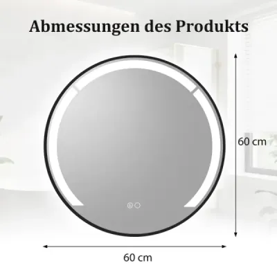 60 cm kulaté koupelnové zrcadlo Koupelnové zrcadlo s LED osvětlením a hliníkovým rámem Kosmetické zrcadlo Černé