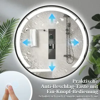 60 cm kulaté koupelnové zrcadlo Koupelnové zrcadlo s LED osvětlením a hliníkovým rámem Kosmetické zrcadlo Černé