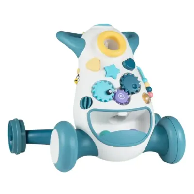 Chůvička Baby Walker s hudbou a světlem Chůvička s třídičem tvarů a rotujícími ozubenými koly, modrá