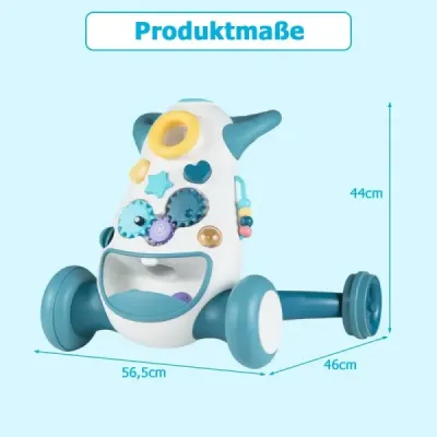 Chůvička Baby Walker s hudbou a světlem Chůvička s třídičem tvarů a rotujícími ozubenými koly, modrá