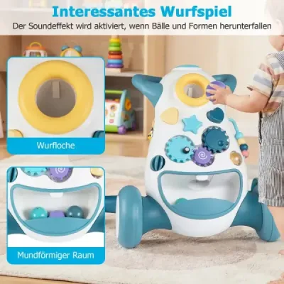Chůvička Baby Walker s hudbou a světlem Chůvička s třídičem tvarů a rotujícími ozubenými koly, modrá