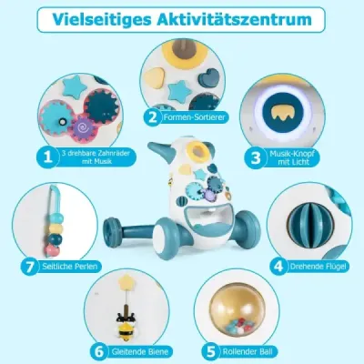 Chůvička Baby Walker s hudbou a světlem Chůvička s třídičem tvarů a rotujícími ozubenými koly, modrá