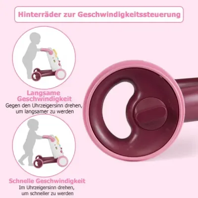 Chůvička Baby Walker s hudbou a světlem Chůvička s třídičem tvarů a rotujícími ozubenými koly Růžová