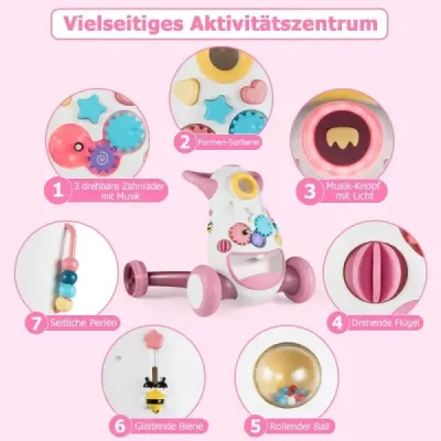 Chůvička Baby Walker s hudbou a světlem Chůvička s třídičem tvarů a rotujícími ozubenými koly Růžová