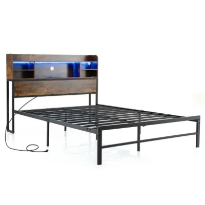 140 x 200 cm Rám postele s LED osvětlením a nabíjecí stanicí Dvoulůžková postel Platformová postel Rám postele