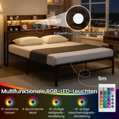 140 x 200 cm Rám postele s LED osvětlením a nabíjecí stanicí Dvoulůžková postel Platformová postel Rám postele