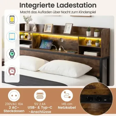 140 x 200 cm Rám postele s LED osvětlením a nabíjecí stanicí Dvoulůžková postel Platformová postel Rám postele