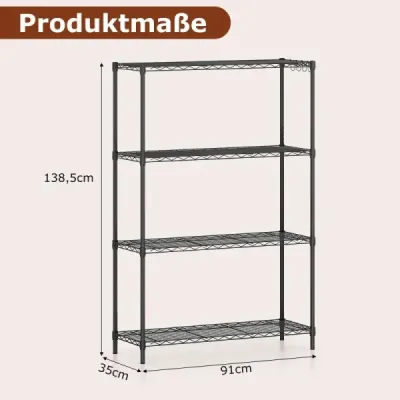 4patrový kovový regál se 4 háčky a nastavitelnými policemi Regál pro těžké břemena 91 x 35 x 138,5 cm