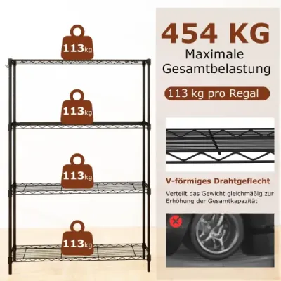 4patrový kovový regál se 4 háčky a nastavitelnými policemi Regál pro těžké břemena 91 x 35 x 138,5 cm