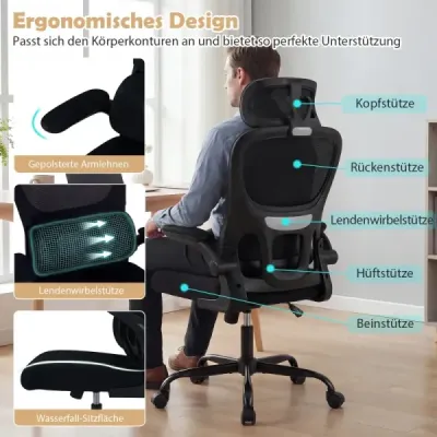 Ergonomická kancelářská židle Kancelářská židle s bederní opěrkou Nastavitelná opěrka hlavy Černá