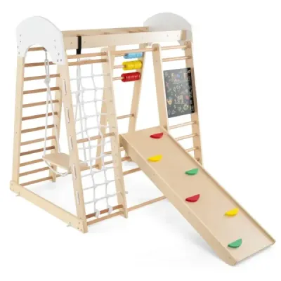 Sada lezeckých hraček pro batolata se skluzavkou a houpačkou 124 x 119 x 138 cm přírodní