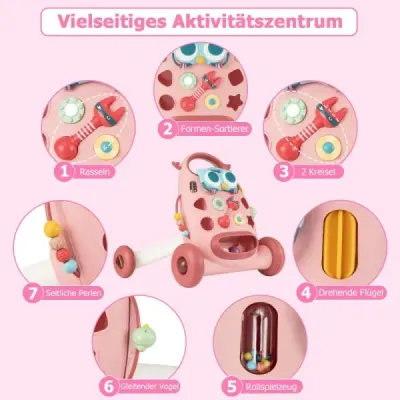 Běžecký vozík s odnímatelným oválným hráčem a třídičem tvarů Běžecký vozík Růžový
