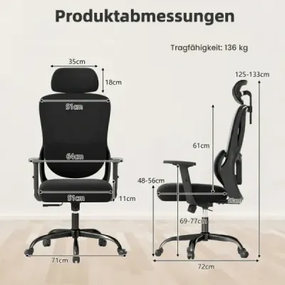 Ergonomická kancelářská židle s nastavitelnou opěrkou hlavy a bederní opěrkou Kancelářská židle Černá