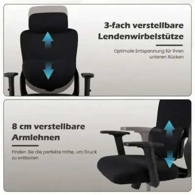 Ergonomická kancelářská židle s nastavitelnou opěrkou hlavy a bederní opěrkou Kancelářská židle Černá