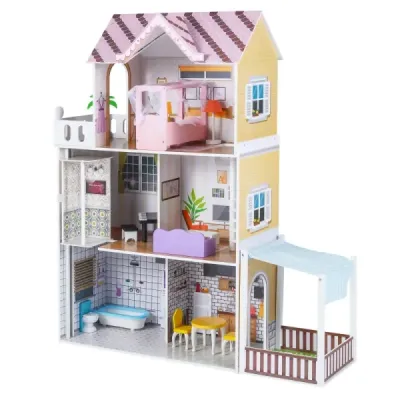 Dřevěný domeček pro panenky pro děti 3podlažní moderní rodinný domeček pro panenky pro hraní rolí Růžový
