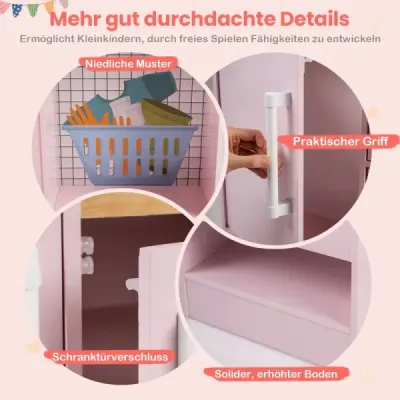 Oboustranná dětská kuchyňka, dřevěná sada dětské kuchyňky s vodním dávkovačem a digestoří, růžová