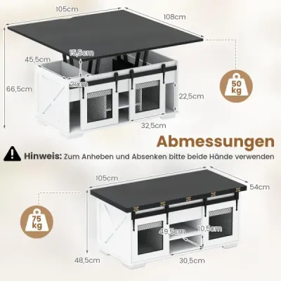 Konferenční stolek s výškově nastavitelnou deskou 105 cm Stůl ve venkovském stylu s 2 posuvnými dvířky Černý