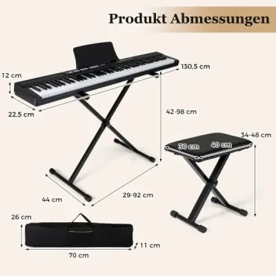 88klávesové elektronické piano s nastavitelným stojanem, stoličkou a sustain pedálem Klávesy Černá