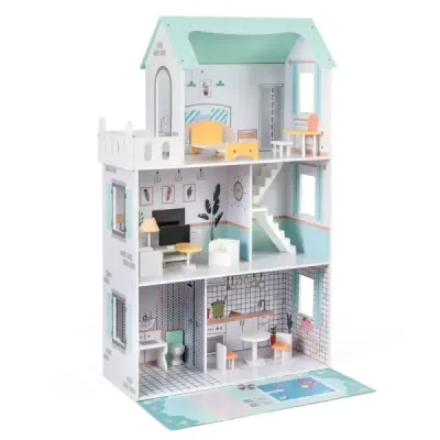 Dřevěný domeček pro panenky s 17dílnou sadou nábytku a schodištěm Dollhouse Green