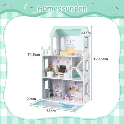 Dřevěný domeček pro panenky s 17dílnou sadou nábytku a schodištěm Dollhouse Green