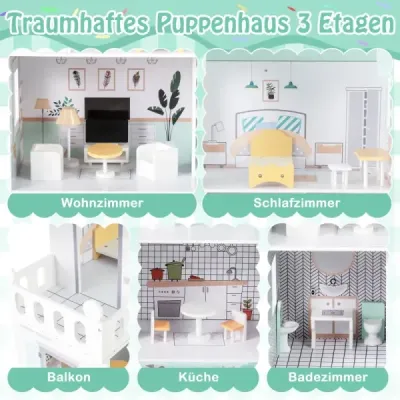 Dřevěný domeček pro panenky s 17dílnou sadou nábytku a schodištěm Dollhouse Green