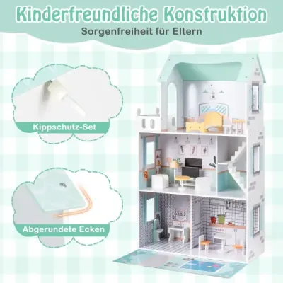 Dřevěný domeček pro panenky s 17dílnou sadou nábytku a schodištěm Dollhouse Green