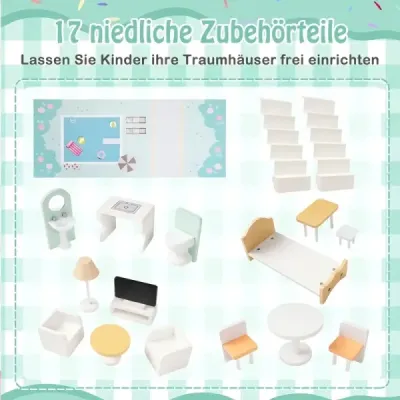 Dřevěný domeček pro panenky s 17dílnou sadou nábytku a schodištěm Dollhouse Green