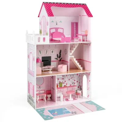 Dřevěný domeček pro panenky s 17dílnou sadou nábytku a schodištěm Dollhouse Rosa