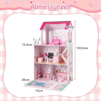 Dřevěný domeček pro panenky s 17dílnou sadou nábytku a schodištěm Dollhouse Rosa