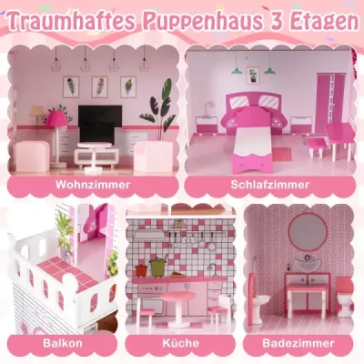 Dřevěný domeček pro panenky s 17dílnou sadou nábytku a schodištěm Dollhouse Rosa