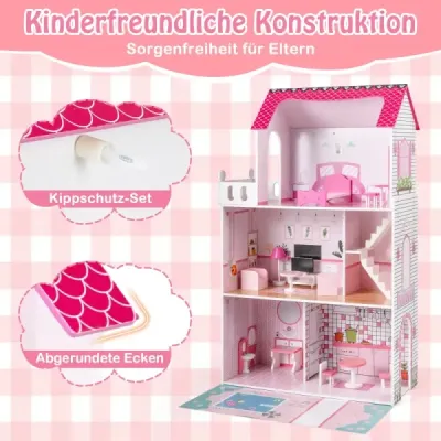 Dřevěný domeček pro panenky s 17dílnou sadou nábytku a schodištěm Dollhouse Rosa