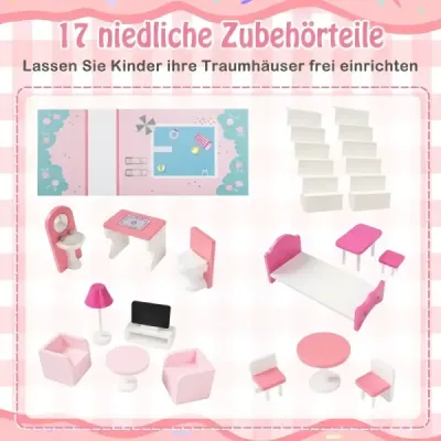 Dřevěný domeček pro panenky s 17dílnou sadou nábytku a schodištěm Dollhouse Rosa