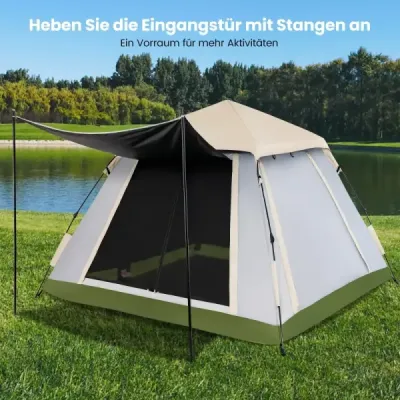 Pop-up stan pro 2–4 osoby s odnímatelnou plachtou proti dešti, 2 okny proti komárům a 2 dveřmi na zip