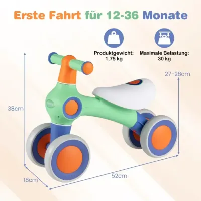 Dětské odrážedlo s nastavitelným měkkým sedadlem a 4 tichými koly bez pedálů, zelené