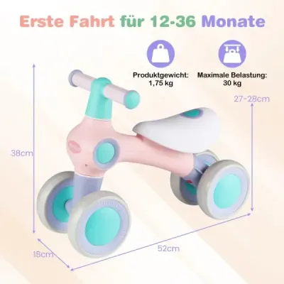 Dětské odrážedlo s nastavitelným měkkým sedadlem a 4 tichými koly bez pedálů, růžové