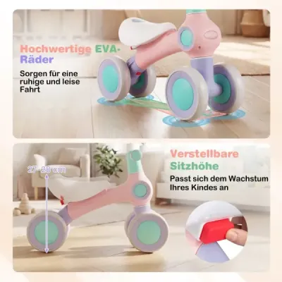 Dětské odrážedlo s nastavitelným měkkým sedadlem a 4 tichými koly bez pedálů, růžové