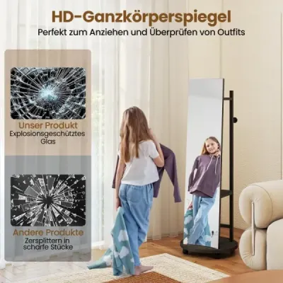 2 v 1 celotělové zrcadlo se 3 háčky, odkládacími přihrádkami a univerzálními kolečky, černé