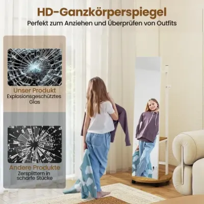2 v 1 celotělové zrcadlo se 3 háčky, odkládacími přihrádkami a univerzálními kolečky, bílé